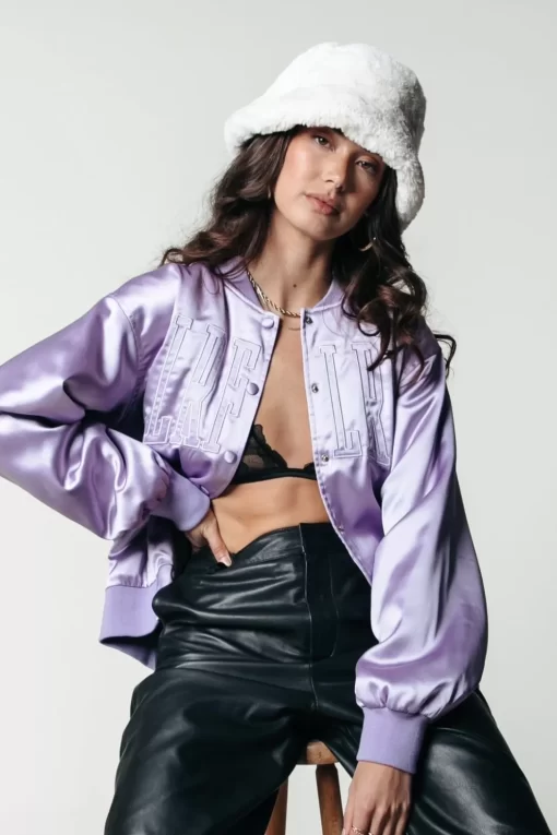 Women Colourful Rebel Hallie Patch Satin Bomber Jacket | Lilac