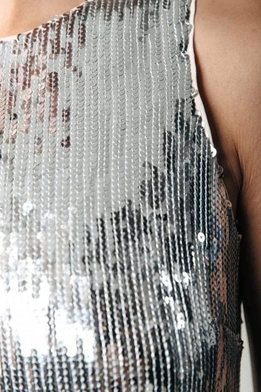 Women Colourful Rebel Mase Sequins Fringe Halter Dress | Metallic Silver