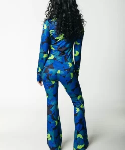 Women Colourful Rebel Moved Flower Peached Extra Flare Pants | Vibrant Blue