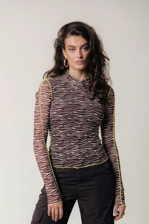 Women Colourful Rebel Neyo Zebra Mesh Top | Dark Brown