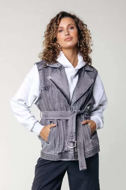 Women Colourful Rebel Yalou Denim Gilet | Light Grey Acid Wash Denim