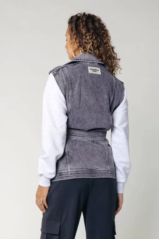 Women Colourful Rebel Yalou Denim Gilet | Light Grey Acid Wash Denim